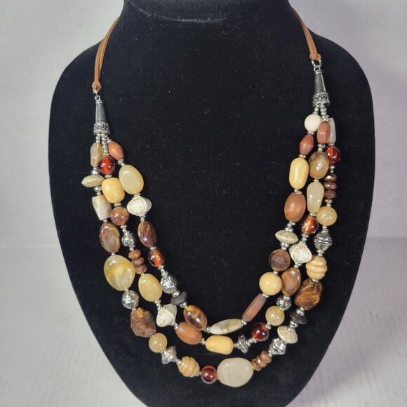 Jewelry - Multi-Color Beaded Necklace With Silver Accents & Adjustable Leather Cord
